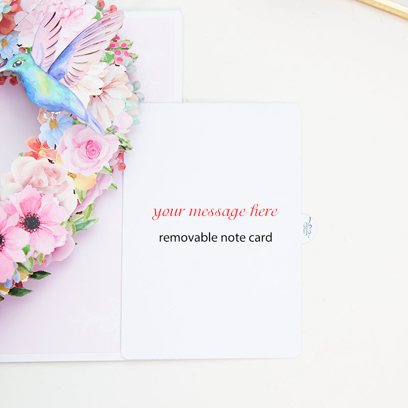 Low MOQ Heart Floral Wreath 3D Pop-Up Card with Hummingbirds Romantic Gift for Love & Wedding