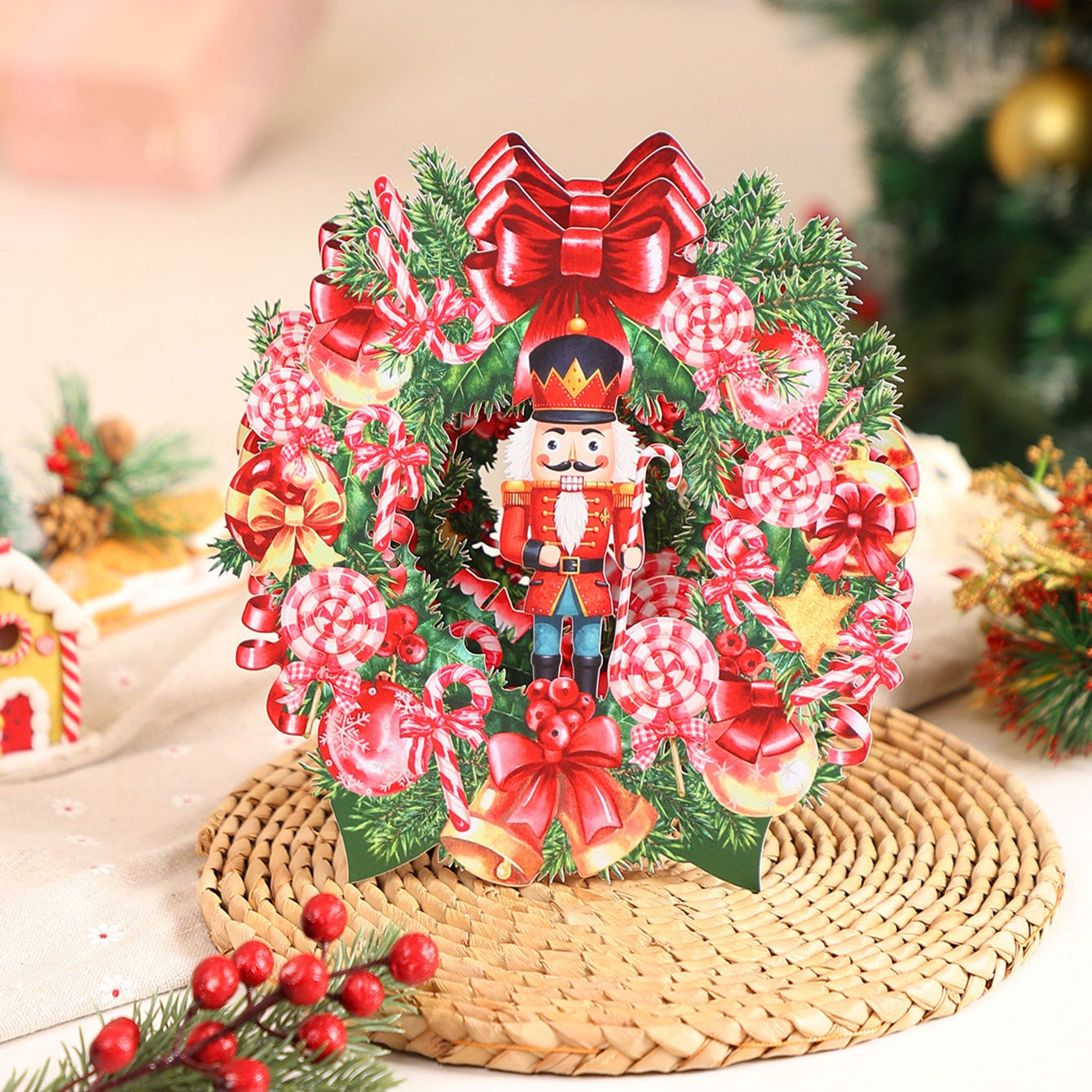 Professional Manufacturer Nutcracker Christmas Wreath 3D Pop-Up Card Festive Desk Decor