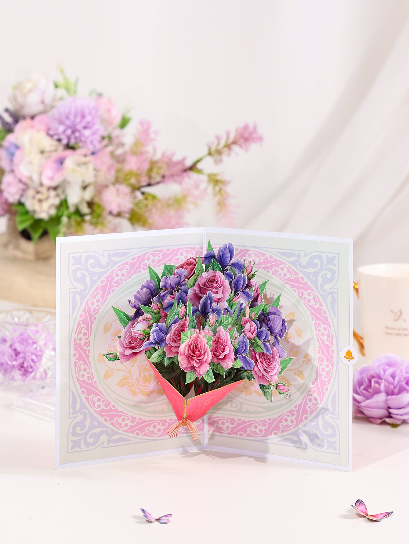Manufacturer Wholesale Pink Pueple Roses Flower Bouquet 3D Pop-up Card