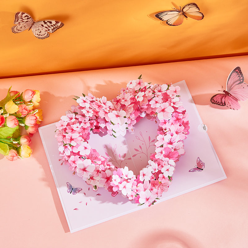 Cherry Blossom Heart Wreath 3D Pop-Up Greeting Card