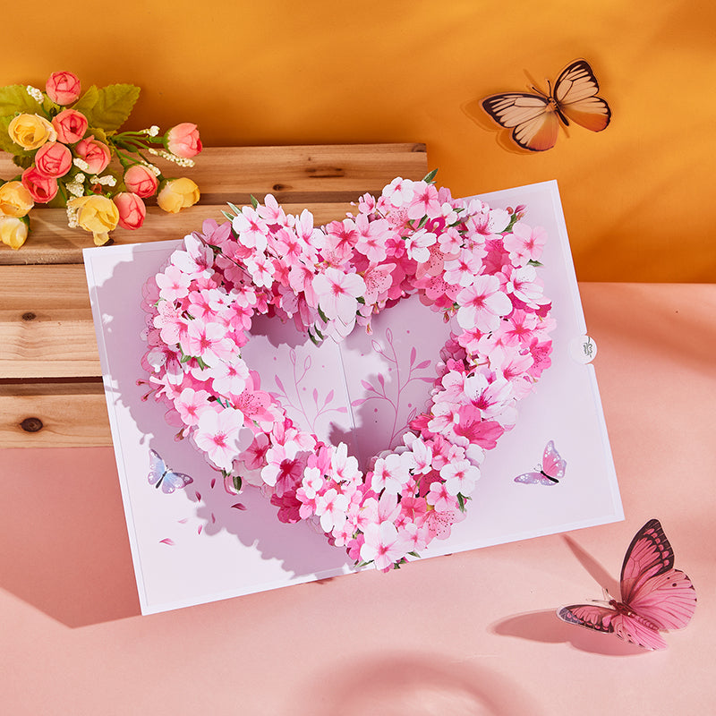 Cherry Blossom Heart Wreath 3D Pop-Up Greeting Card