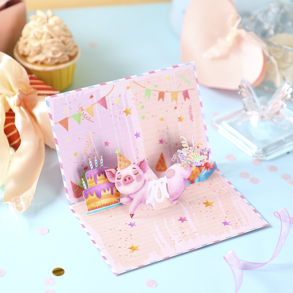 Pink Spring Toy Pig 90° Greeting Card