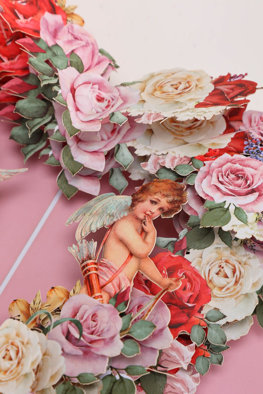 Vintage Angel Heart Floral Wreath Pop Up Card