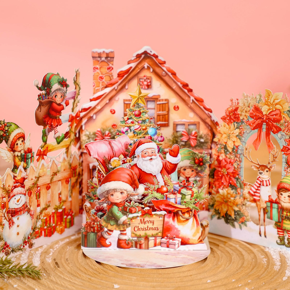 Santa Claus Flower House 3D Pop Up Card