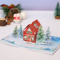 Blue Christmas Cottage Flip Pop Up Card