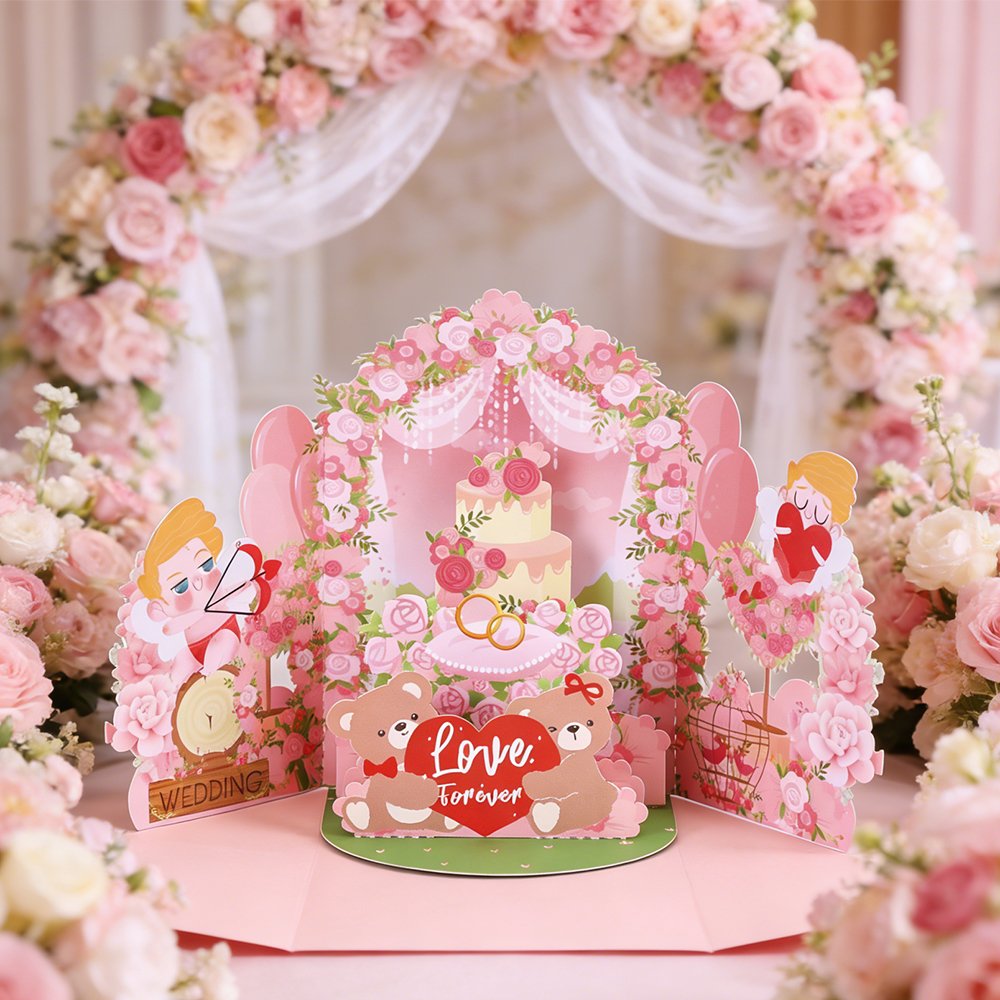 Pink Wedding Floral Wreath 3D Pop Up Card