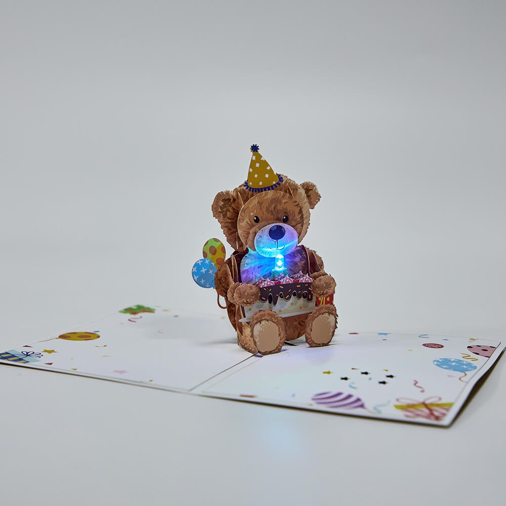 LED Lights & Music Teddy Bear Birthday 3D Pop Up Card