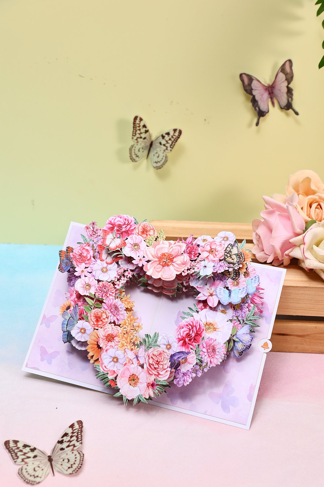 Purple Heart Fresh Flowers Butterfly Floral Wreath Pop Up Card