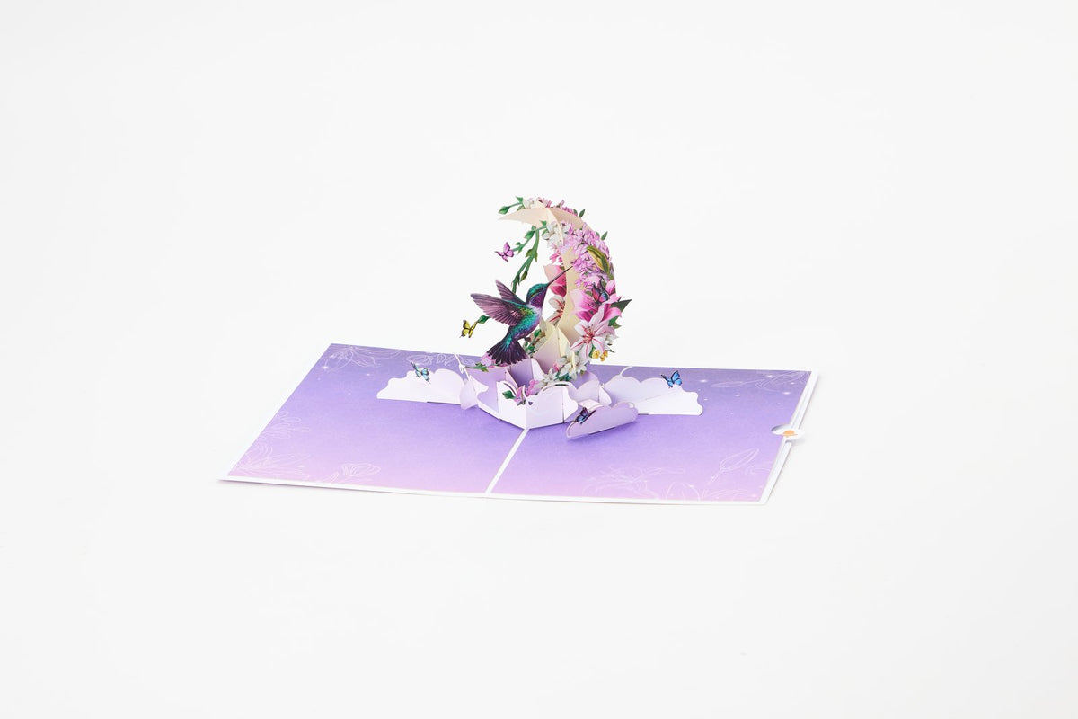 Hummingbird Fresh Flowers Crescent Moon 3D Pop Up Card