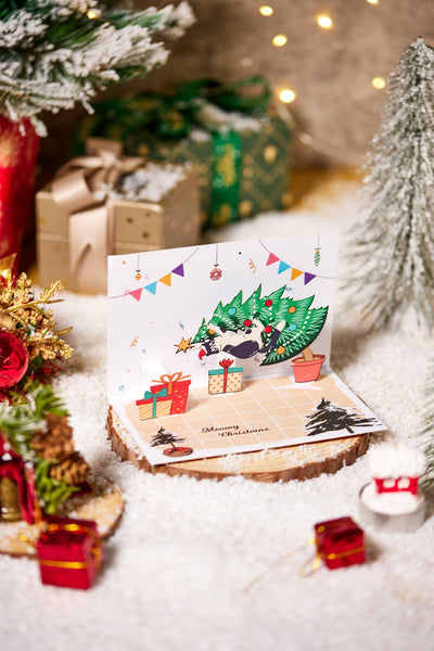 90° Cat Christmas Happy Climbing Tree Pop Up Card