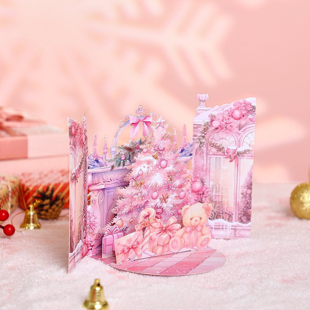 Pink Window Scene Christmas Greeting Card