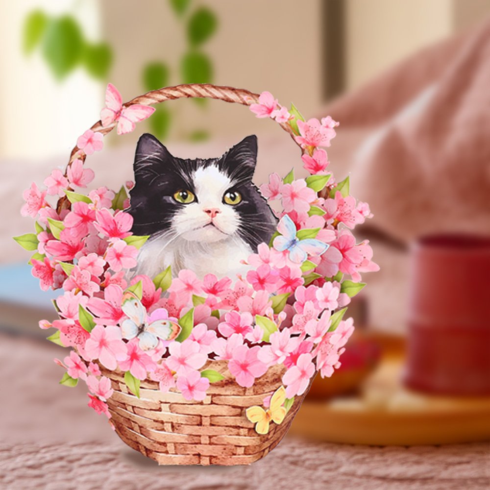 Cherry Blossom Cat Flower Basket Pop Up Card