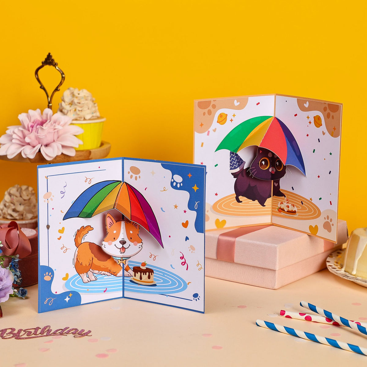 With Umbrella Cat Blue Pop Up Card