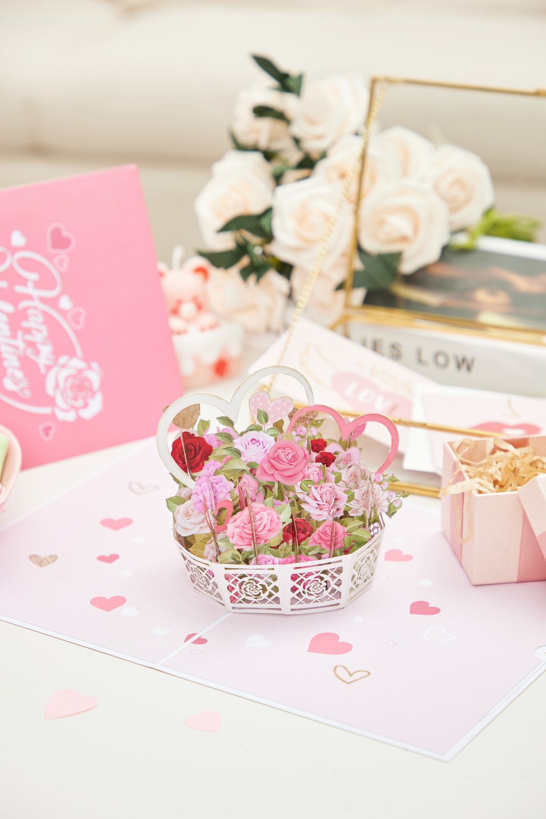 Rose Heart Flower Basket 3D Pop Up Card