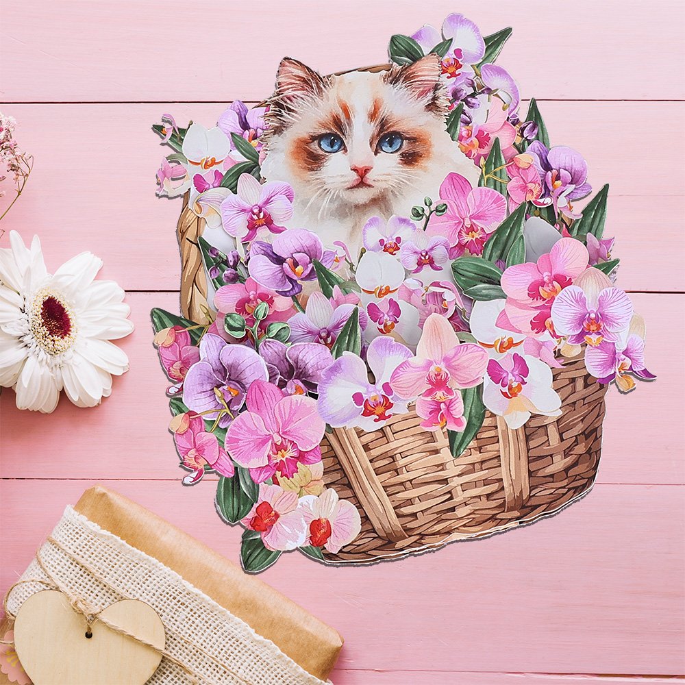 Orchid Ragdoll Cat Flower Basket Pop Up Card