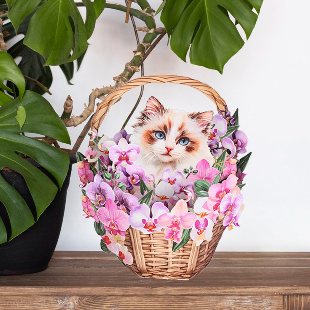 Orchid Ragdoll Cat Flower Basket Pop Up Card