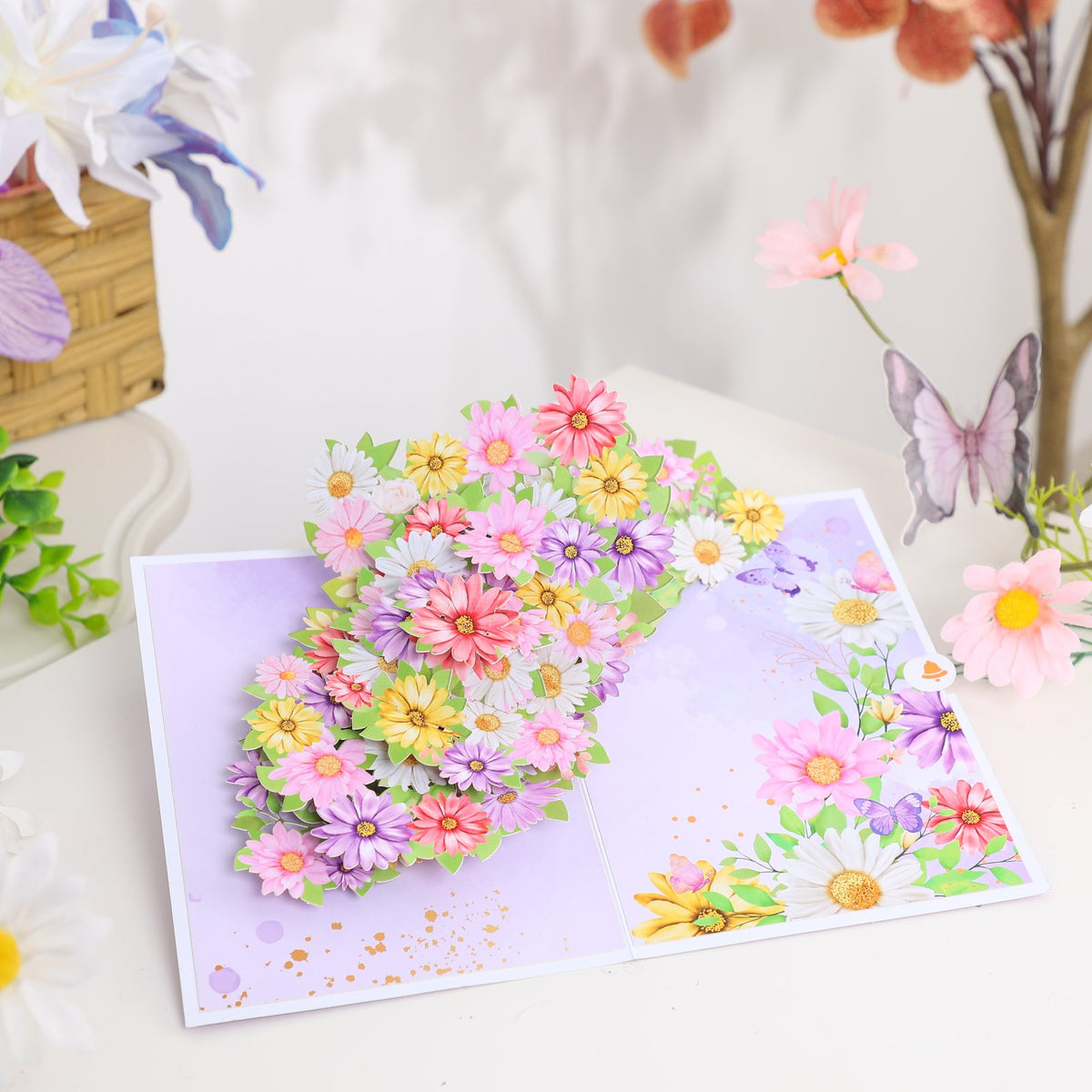 Mixed Color Cosmos Floral Branch Greeting Card