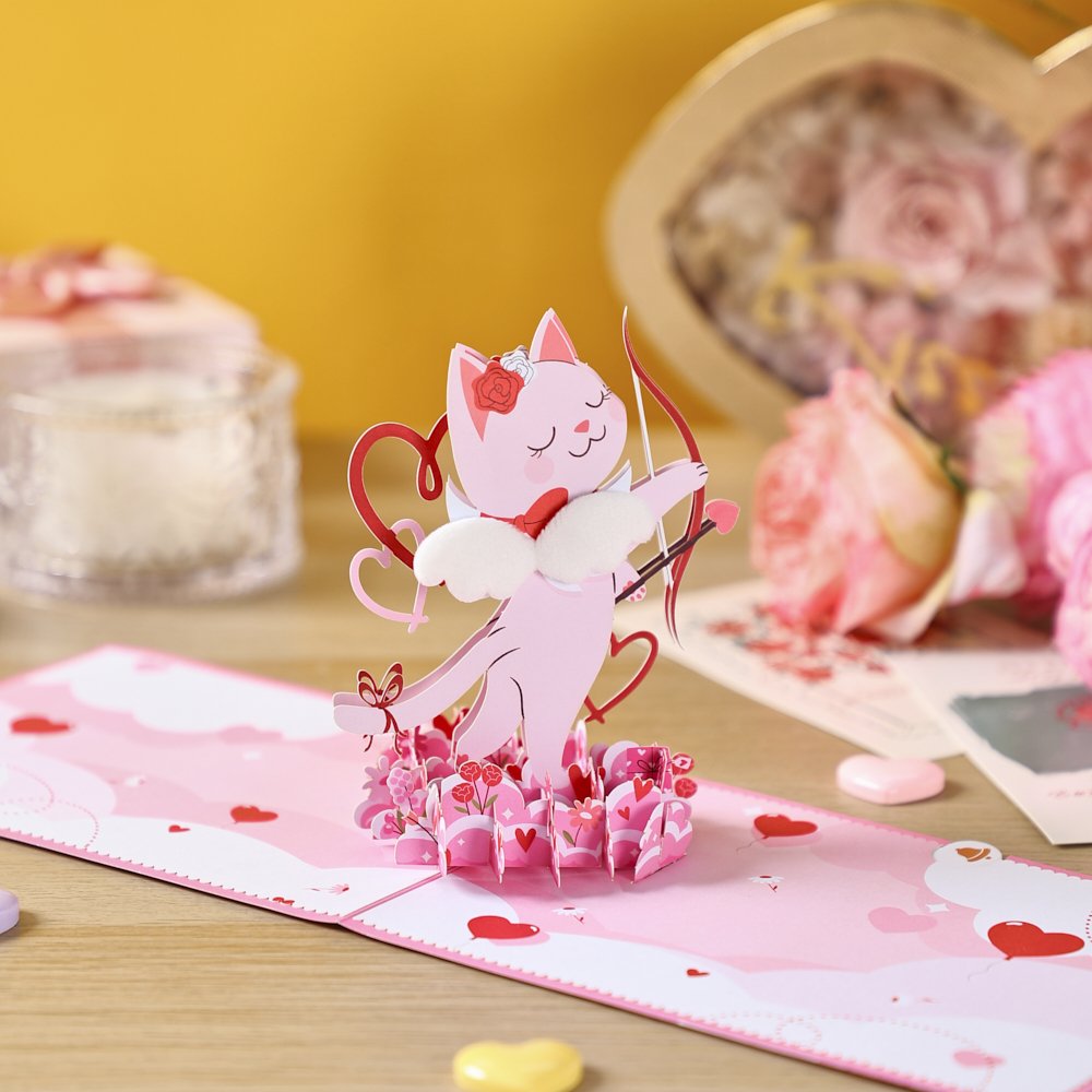 Cupid Kitten 3D Pop Up Card Wings