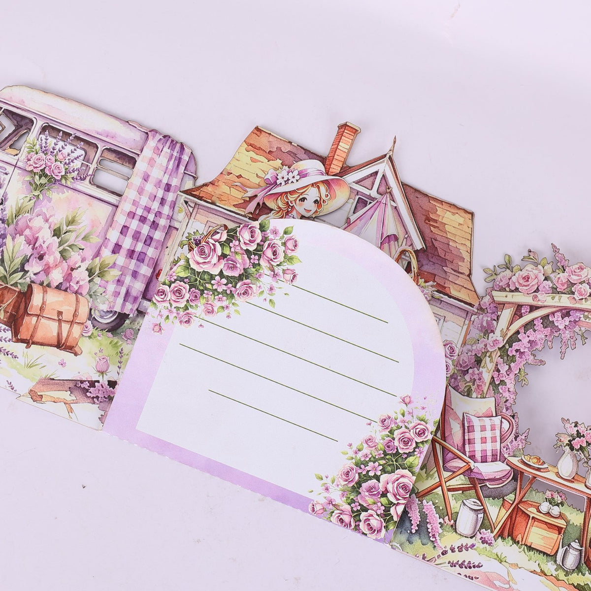 Girl Purple Camping Double Door Pop Up Card