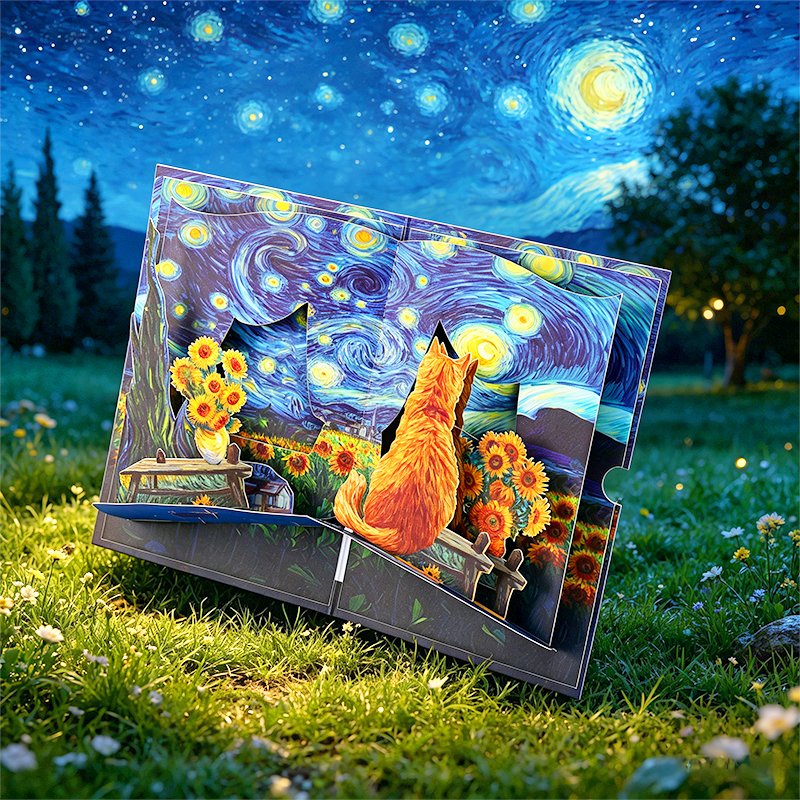 Star Sunflower & Cat Greeting Card