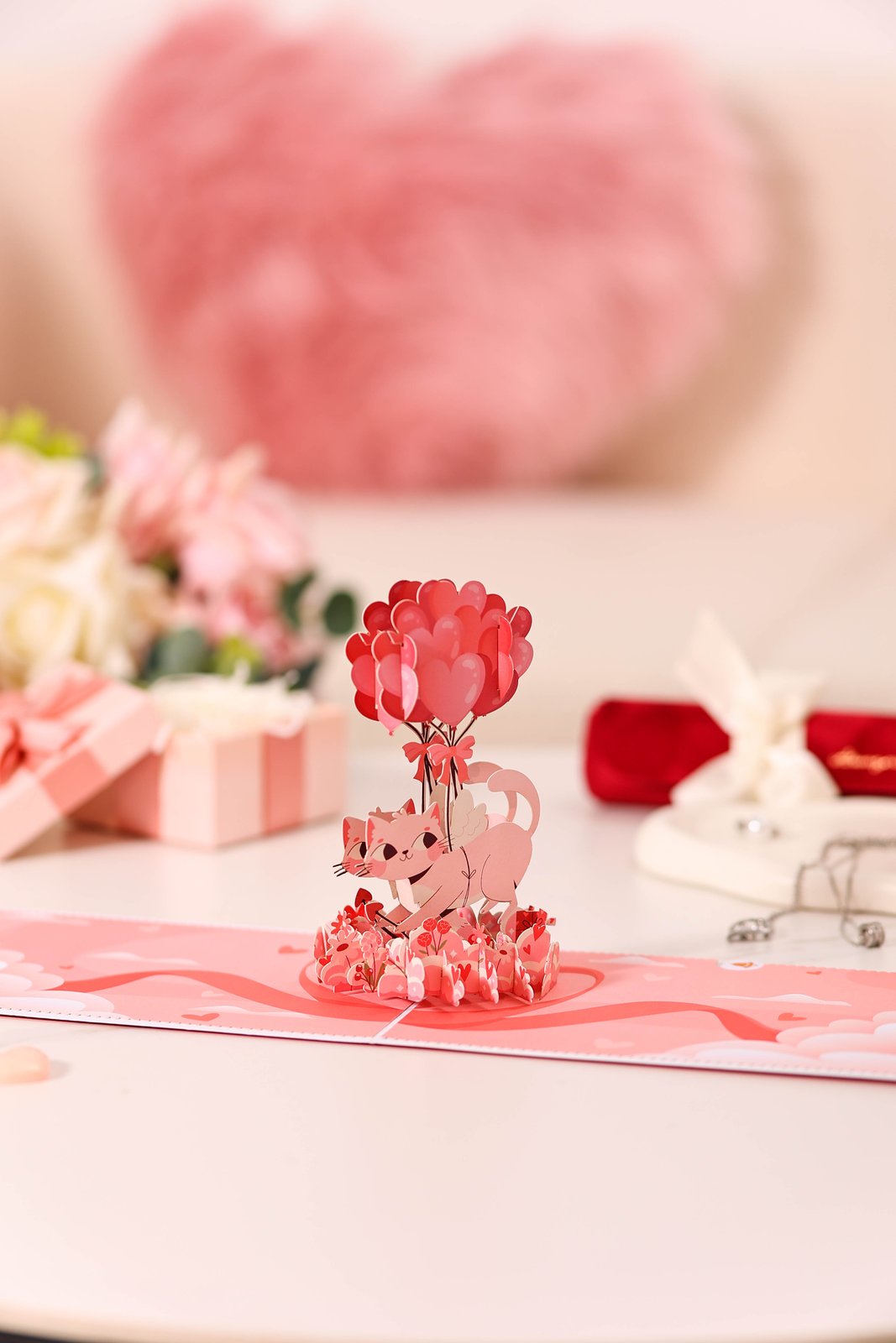Cupid Cat Heart Balloon 3D Pop Up Card