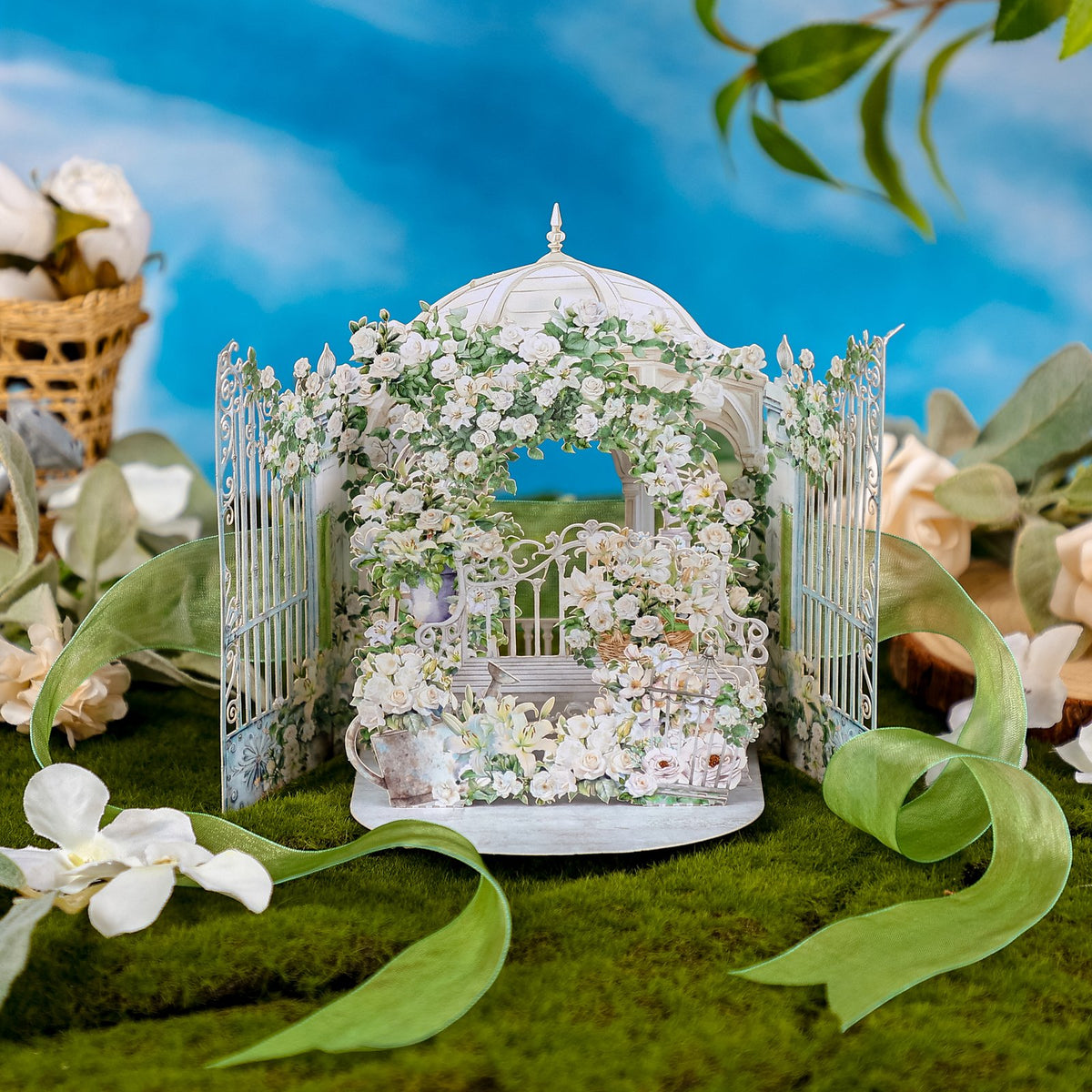 White Rose Double Door Ribbon Greeting Card