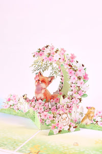 Fox Cherry Blossom Crescent Moon Greeting Card