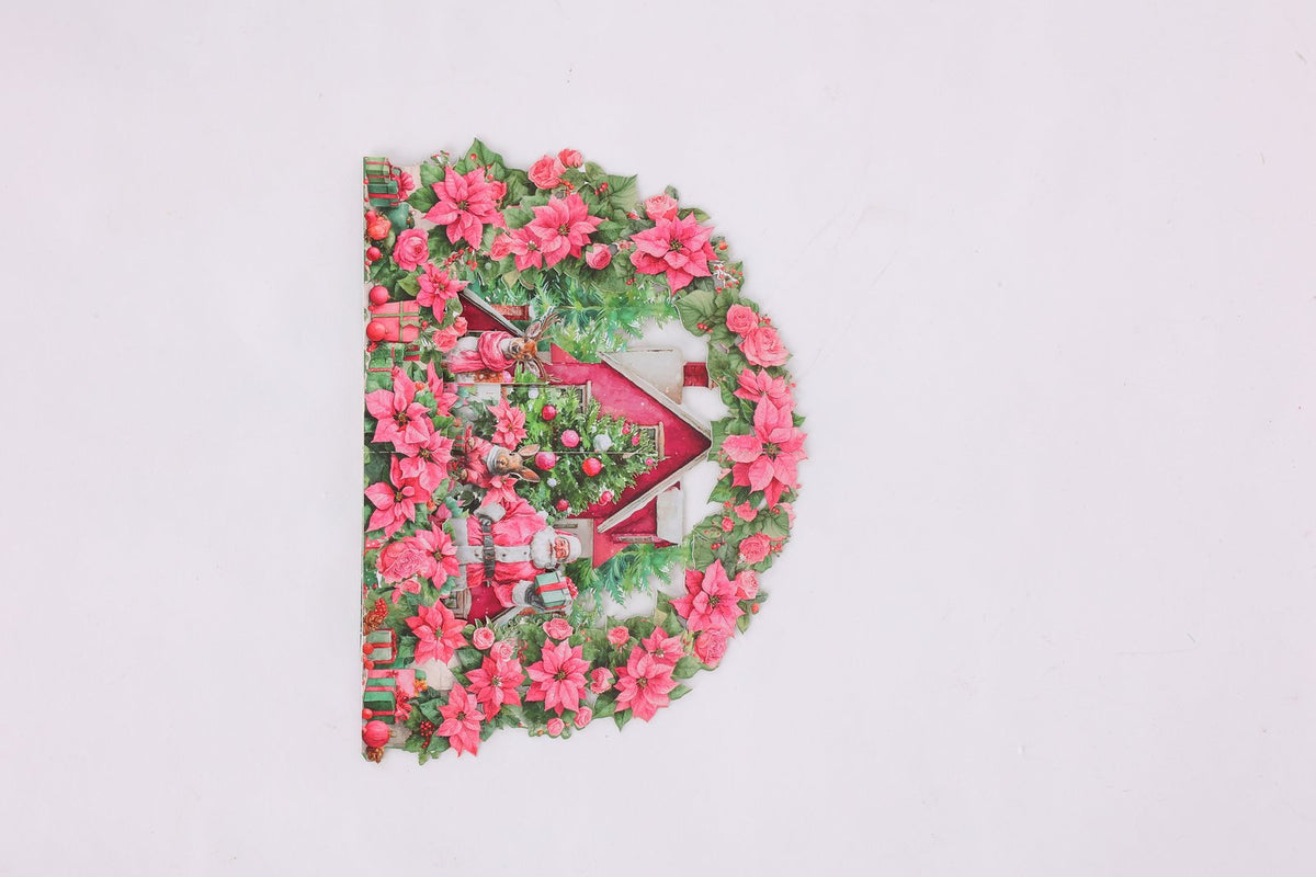 Poinsettia Floral Wreath Snowy House Greeting Card