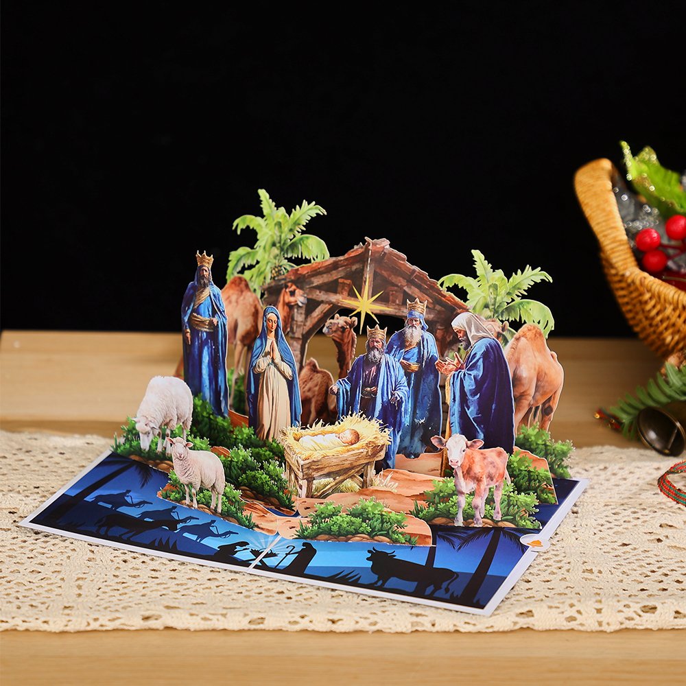 Blue Tone Nativity Scene 3D Pop Up Card