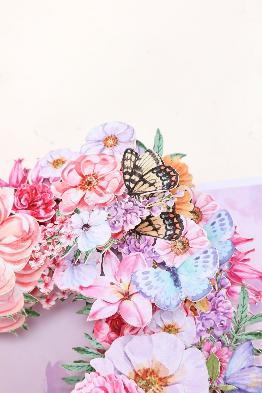 Purple Heart Fresh Flowers Butterfly Floral Wreath Pop Up Card