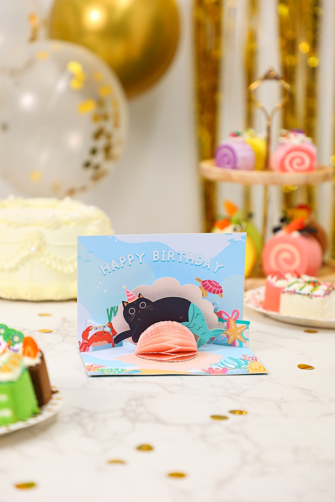 Seashell Pearl Cat Fish Birthday 3D Pop Up Card