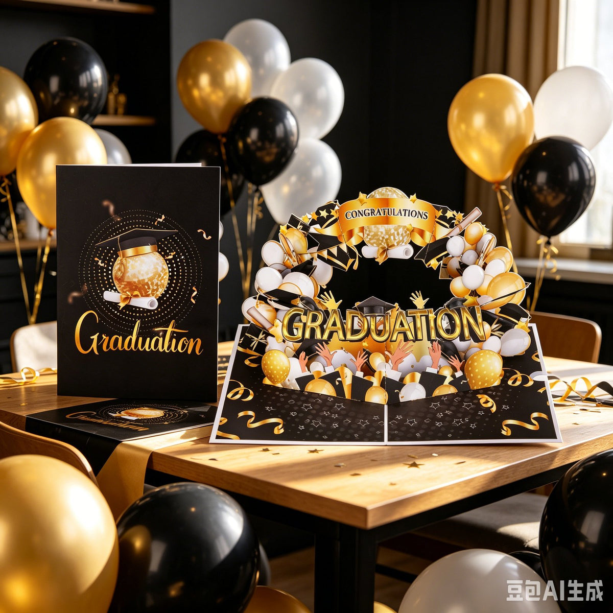 Black Gold Balloon Graduation Season 3D Pop Up Card