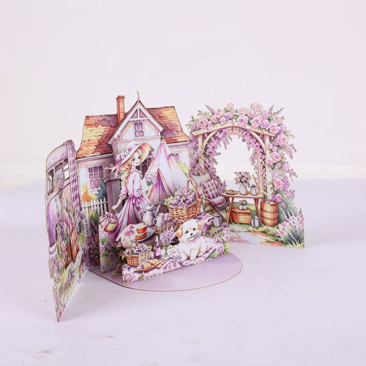 Girl Purple Camping Double Door Pop Up Card