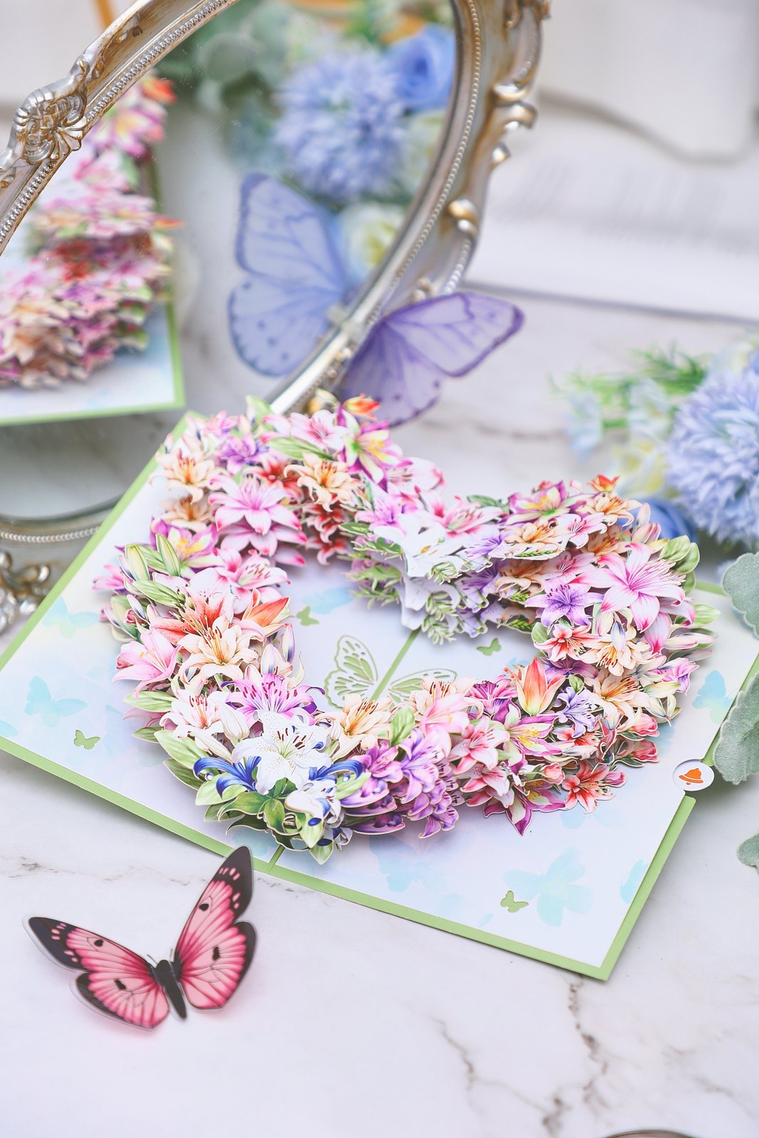 Green Lily Heart Floral Wreath Greeting Card