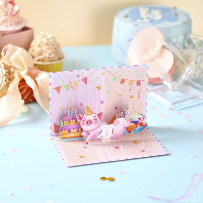 Pink Spring Toy Pig 90° Greeting Card