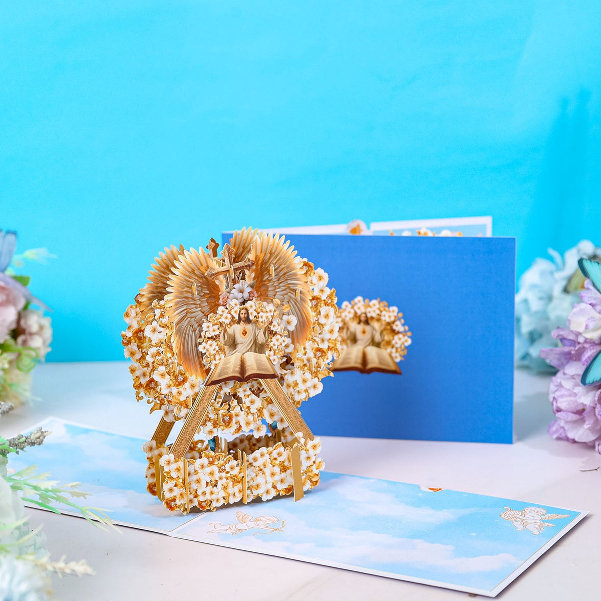 Blue Book Pages Floral Wreath Flip Pop Up Card