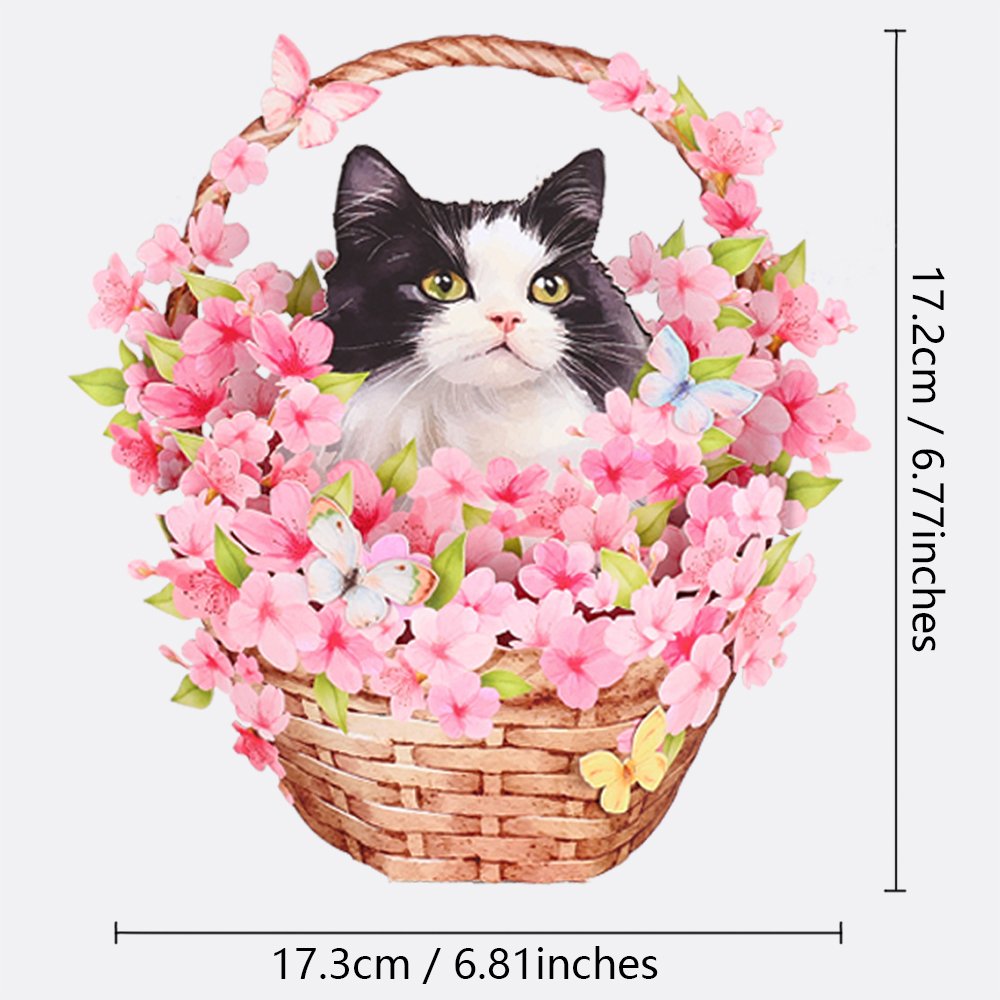 Cherry Blossom Cat Flower Basket Pop Up Card