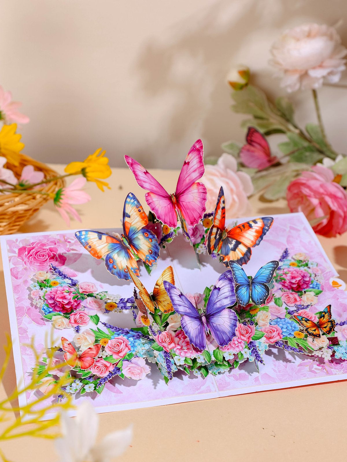 Purple Butterfly Flower Bouquet Flip Pop Up Card