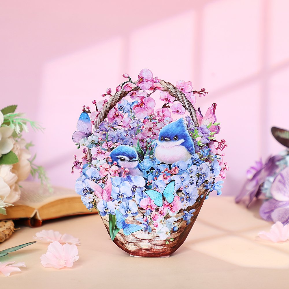 Blue Mountain Sparrow & Orchid Flower Basket 3D Pop Up Card