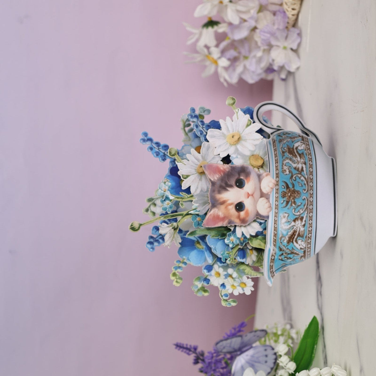 Teapot Cat Flower Bouquet 3D Pop Up Card