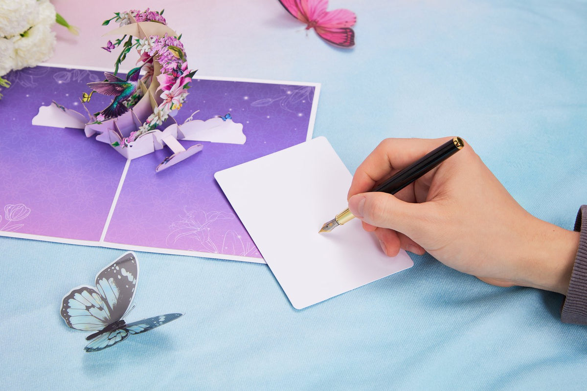 Hummingbird Fresh Flowers Crescent Moon 3D Pop Up Card
