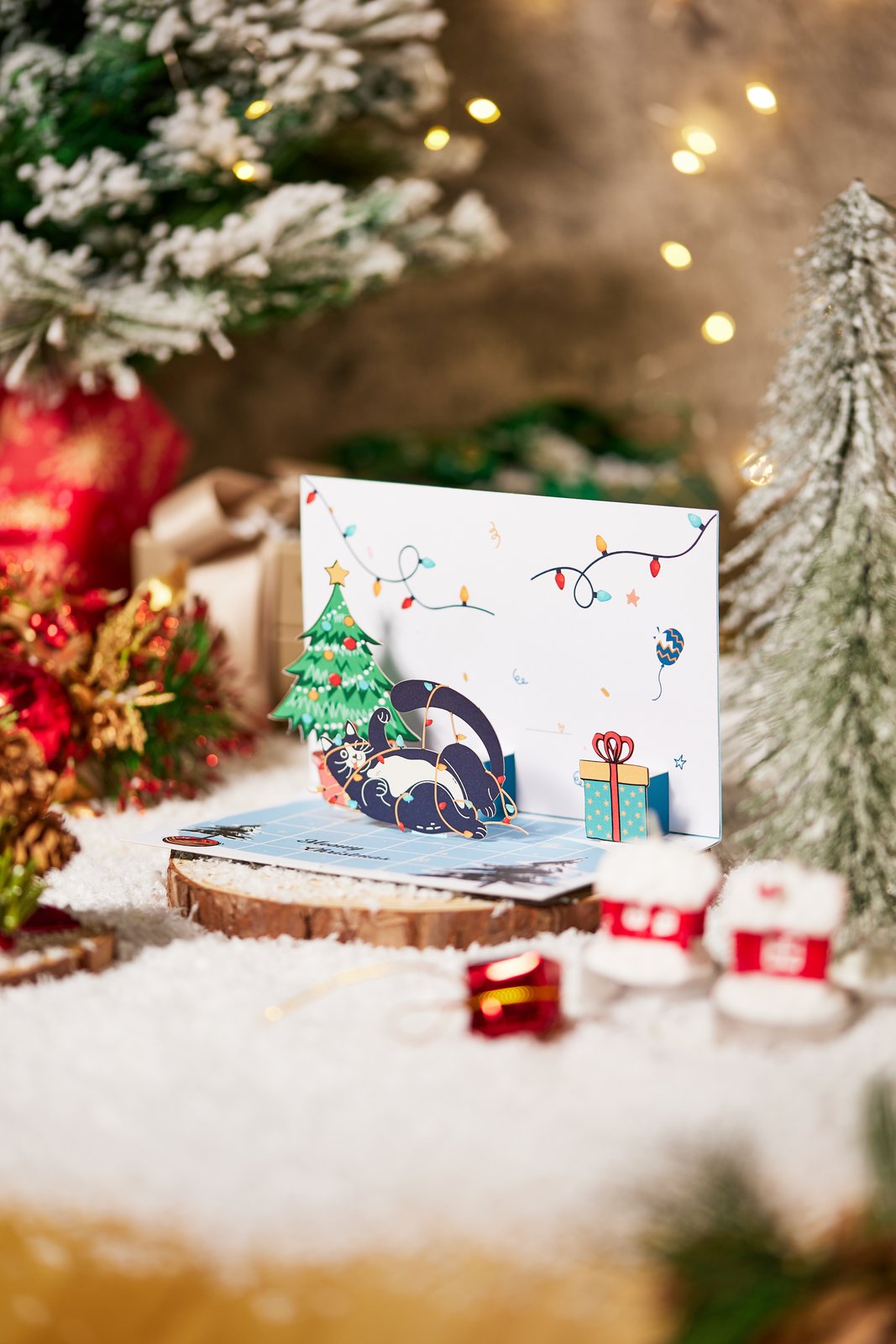 90° Cat Christmas Happy LED Strip Pop Up Card