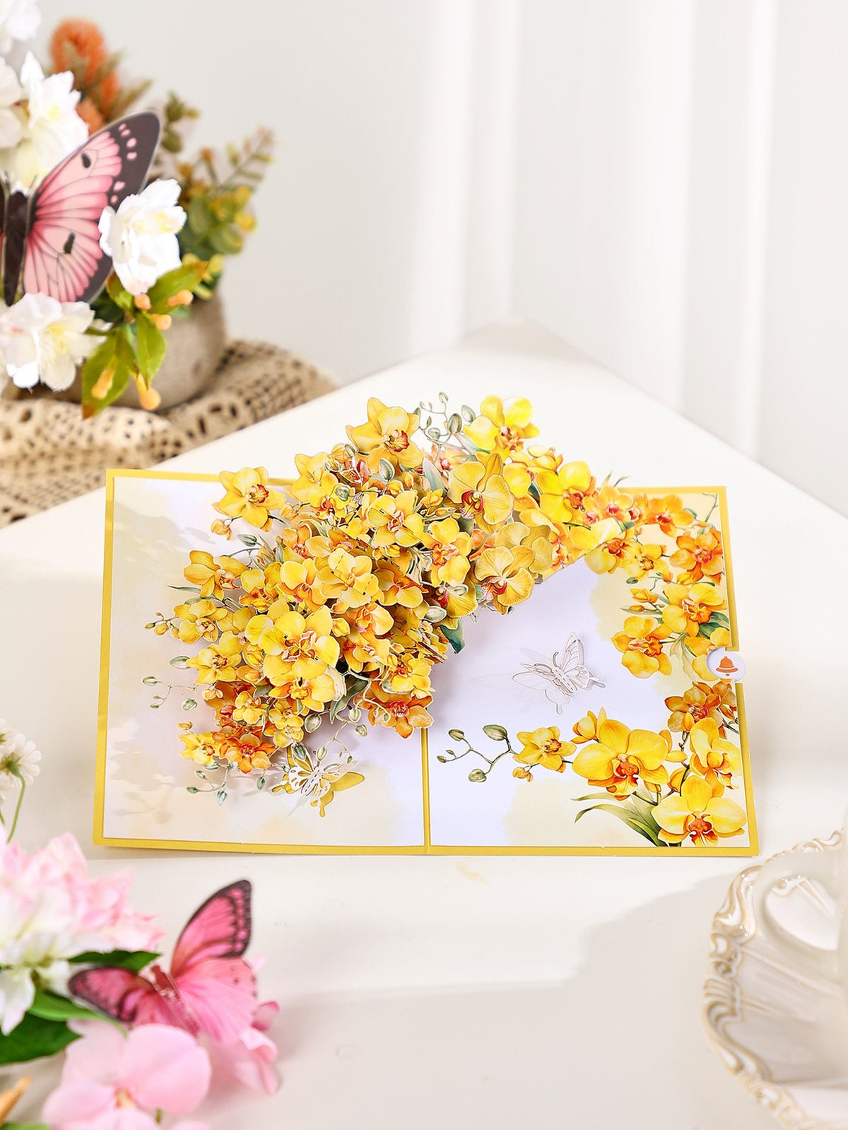 Yellow Orchid Floral Branch 3D Pop Up Card