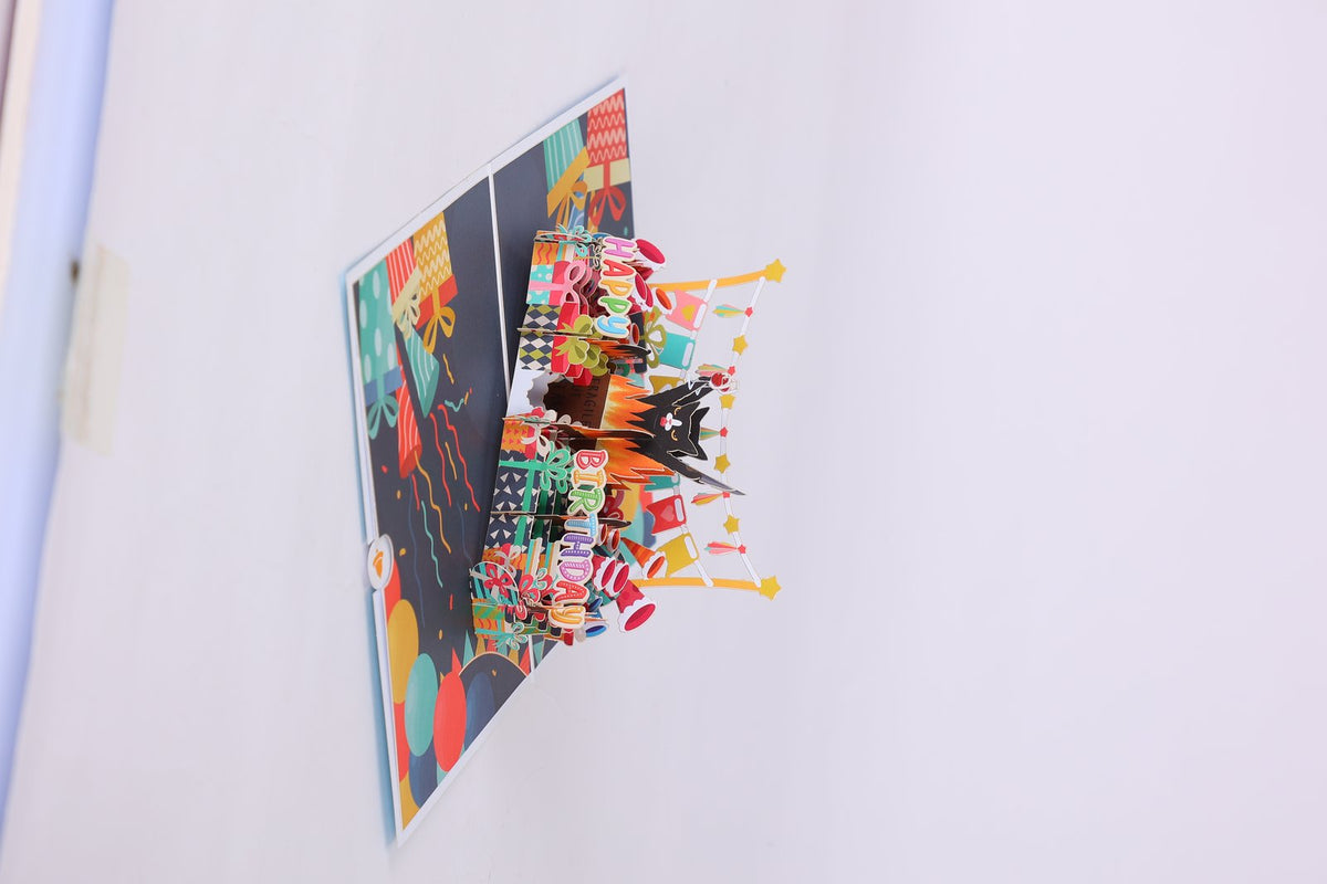Black Cat Red Balloon Flip Pop Up Card