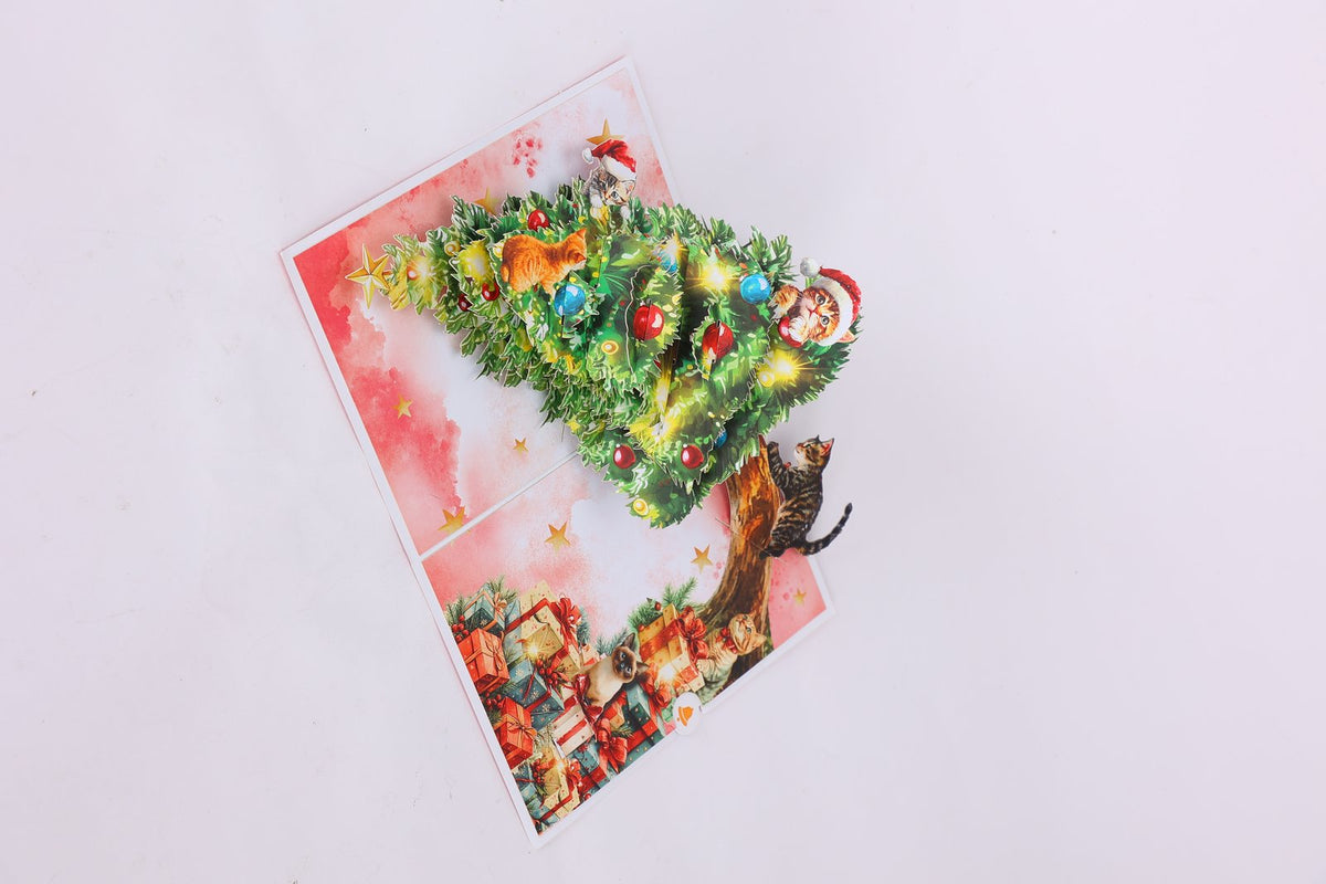 Christmas Tree & Cat Floral Branch Greeting Card
