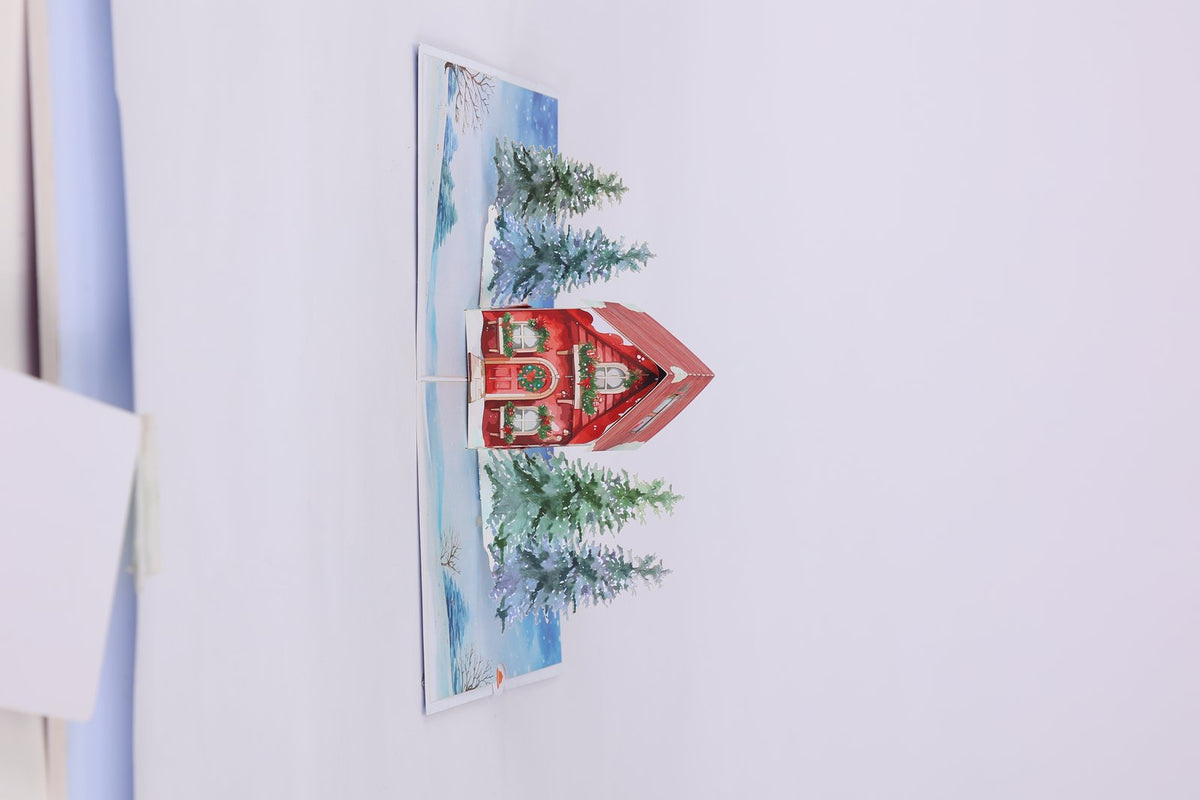 Blue Christmas Cottage Flip Pop Up Card