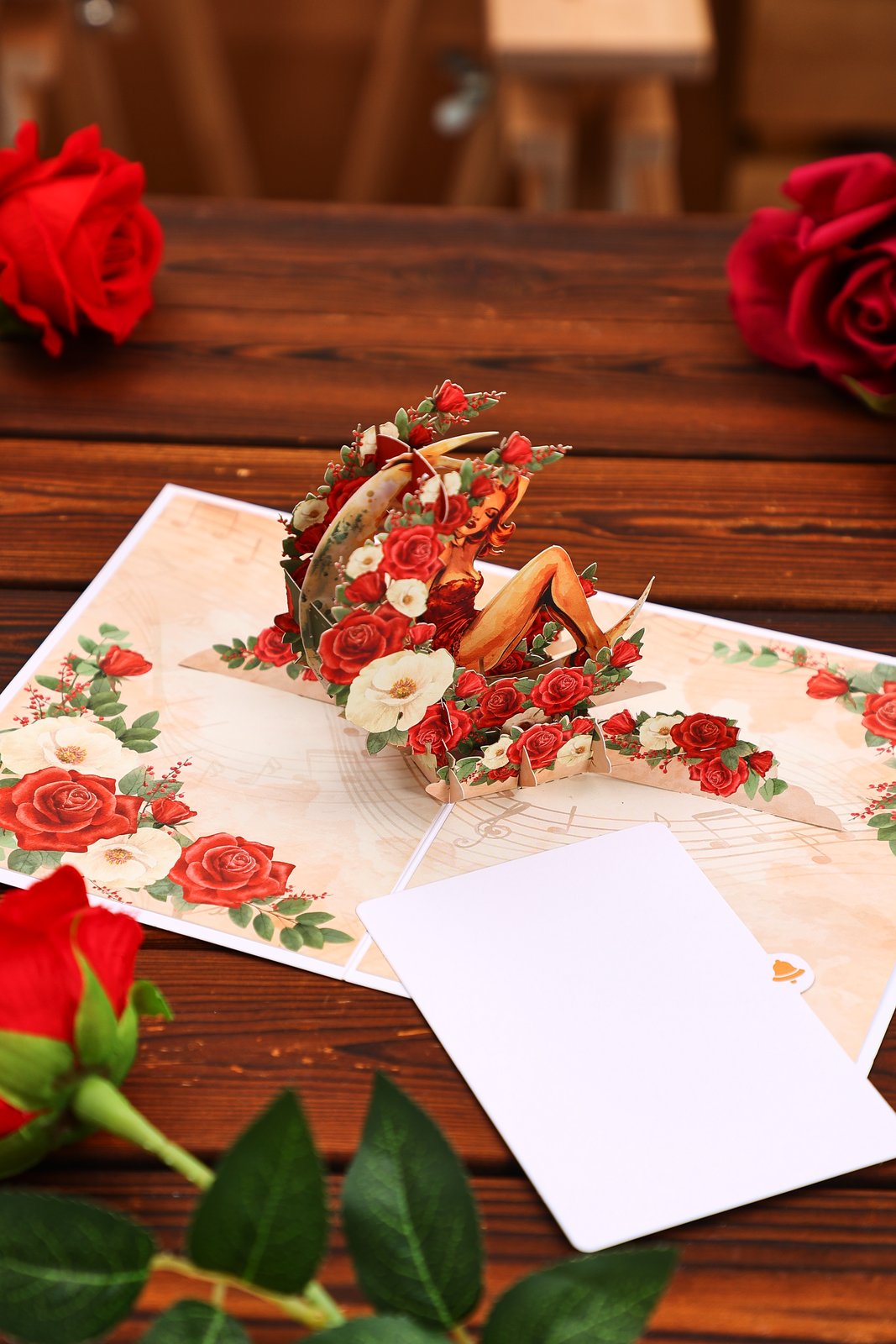Crescent Moon Rose Lady Pop Up Card