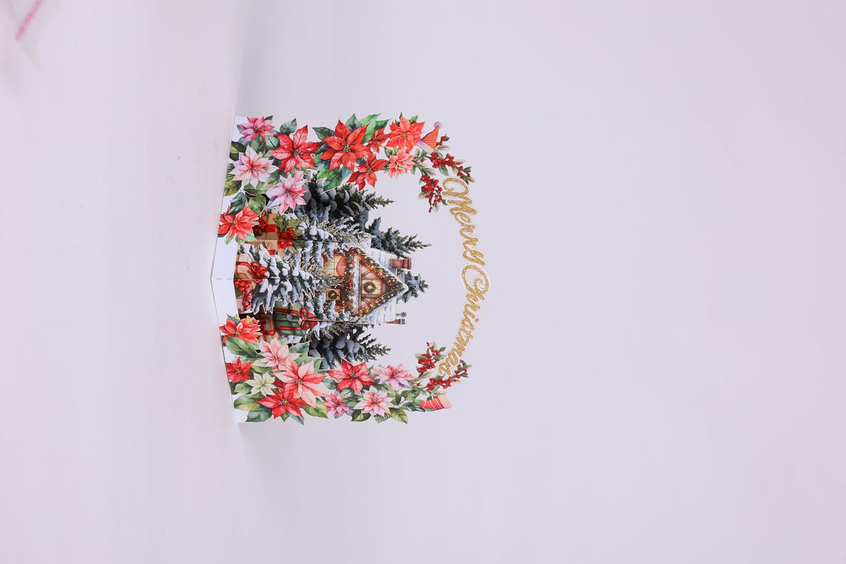 Christmas Floral Wreath Snowy House Greeting Card