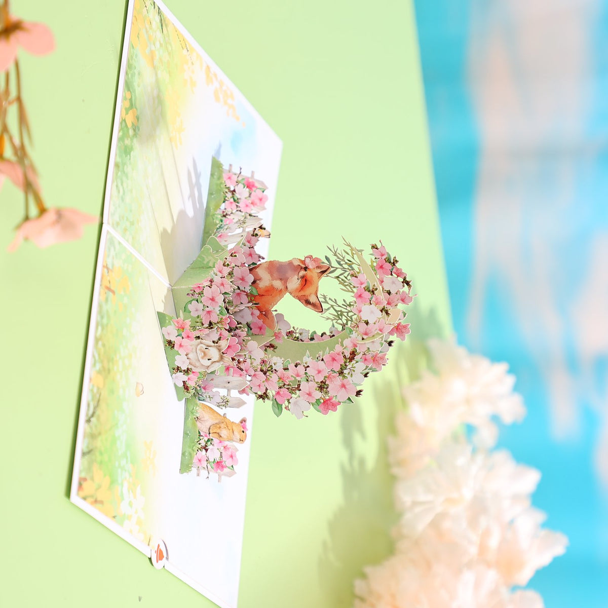 Fox Cherry Blossom Crescent Moon Greeting Card