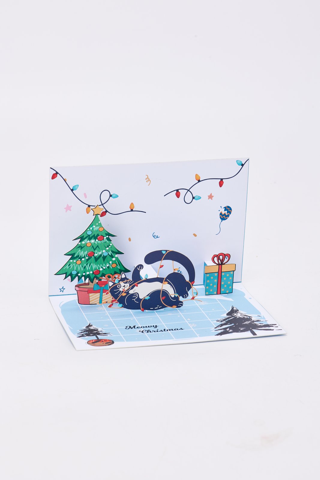 90° Cat Christmas Happy LED Strip Pop Up Card
